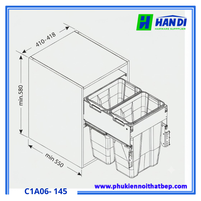 Thùng đựng rác ray âm giảm chấn 2 khoang C1A06-145