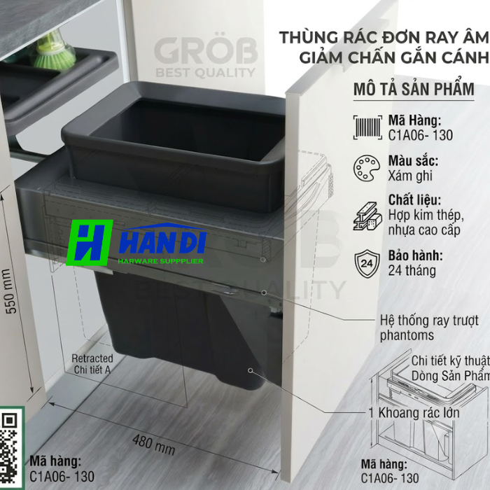 Thùng đựng rác ray âm giảm chấn C1A06-130/C1A06-140