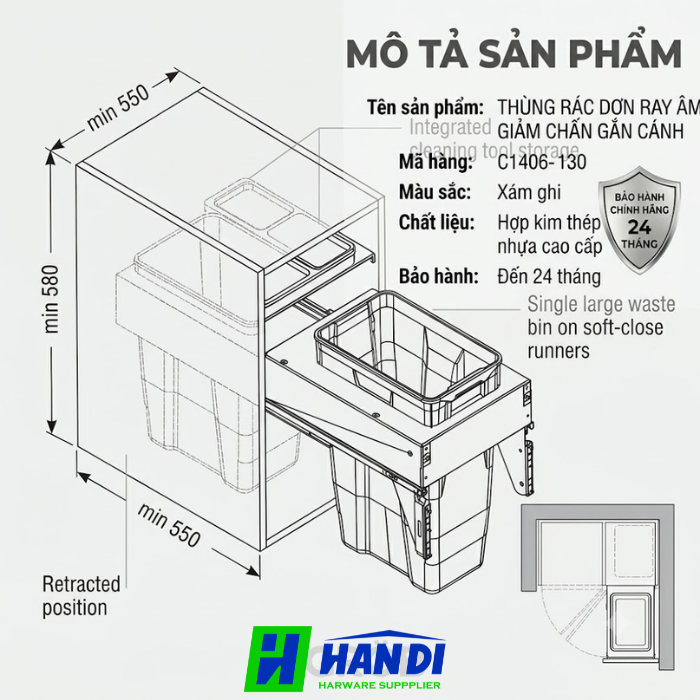 Thùng đựng rác ray âm giảm chấn C1A06-130/C1A06-140