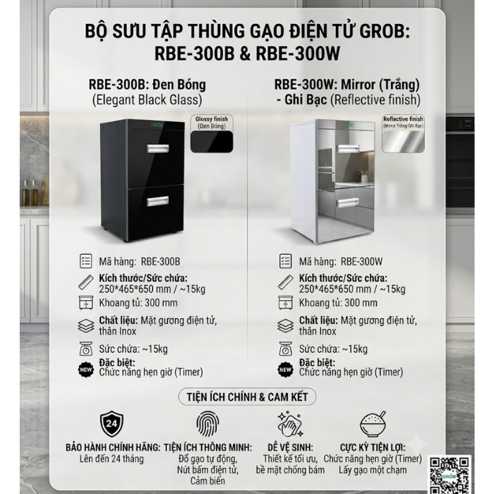 Thùng gạo mặt gương 2 ngăn RB2-300B, RB2-300W