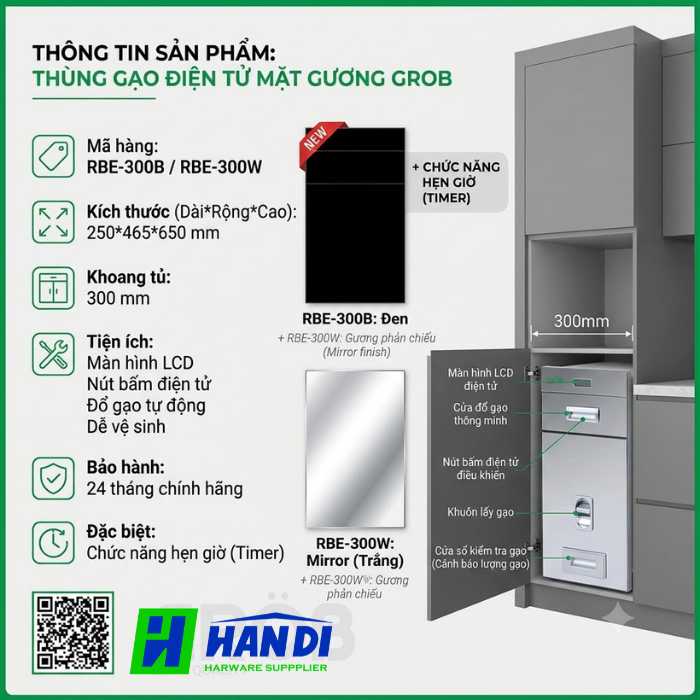 Thùng gạo mặt gương điện tử RBE-300B, RBE-300W