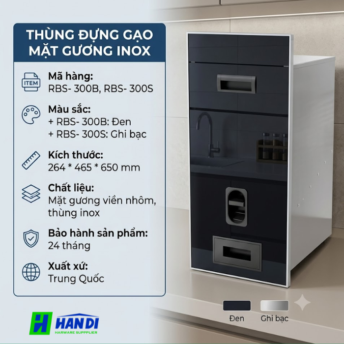 Thùng gạo mặt gương thùng inox 304 RB304 - 300P