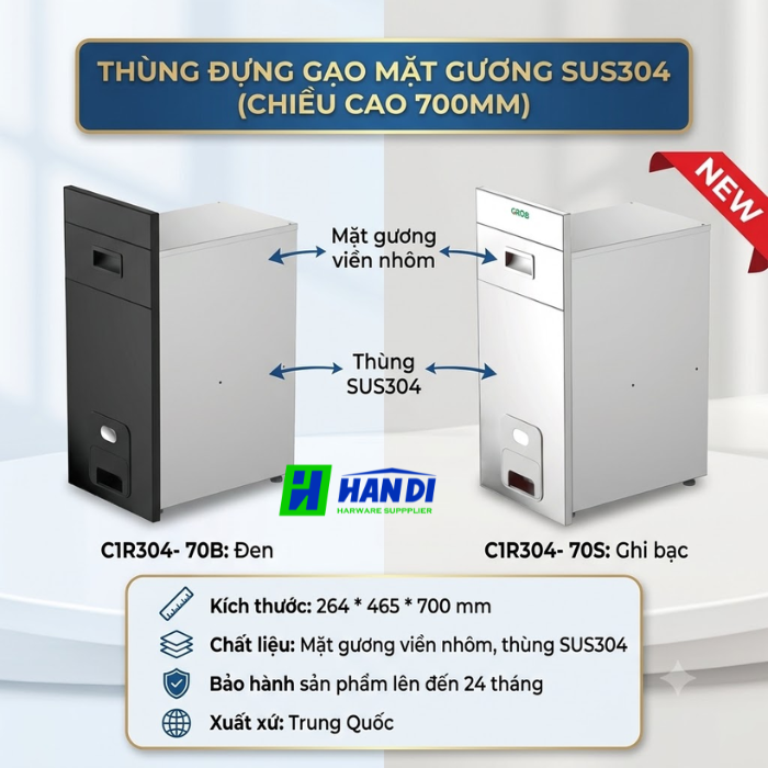 thùng gạo mặt gương thùng inox cao cấp C1R304-70B/S