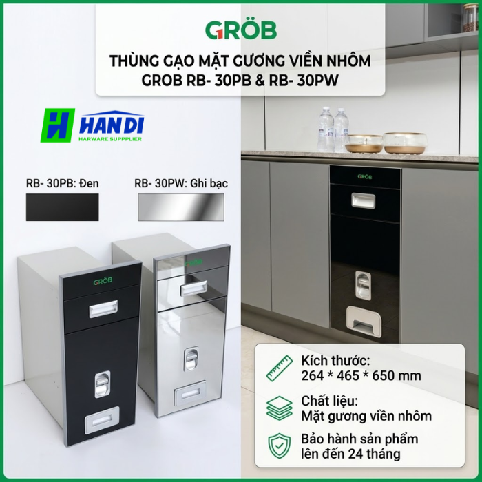 Thùng gạo mặt gương viên nhôm RB- 30PB, RB- 30PW