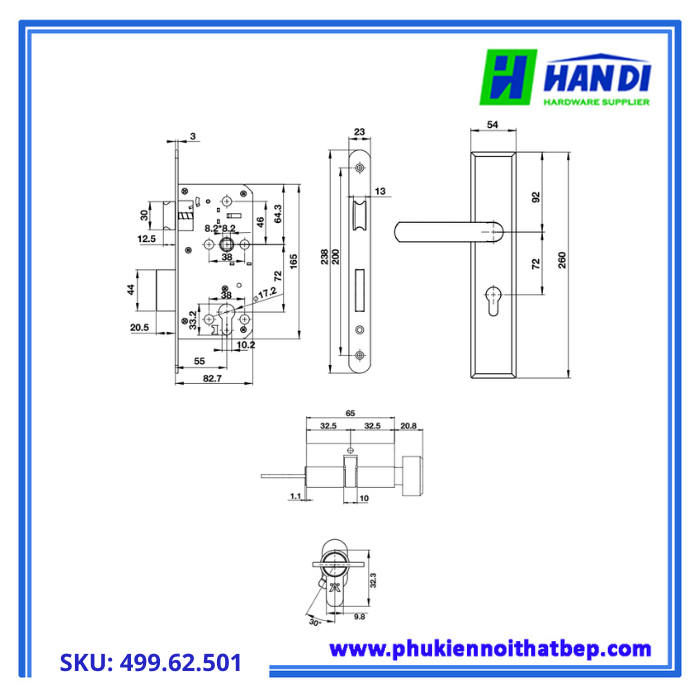 Bộ Khóa Tay Nắm Cửa Đi Kết Hợp DIY HAFELE 499.62.501
