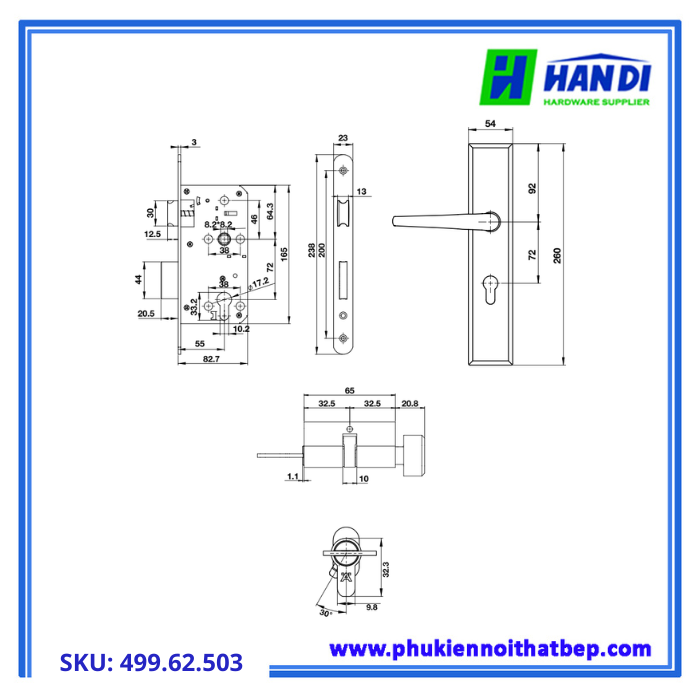Bộ Khóa Tay Nắm Cửa Đi Kết Hợp DIY HAFELE 499.62.503