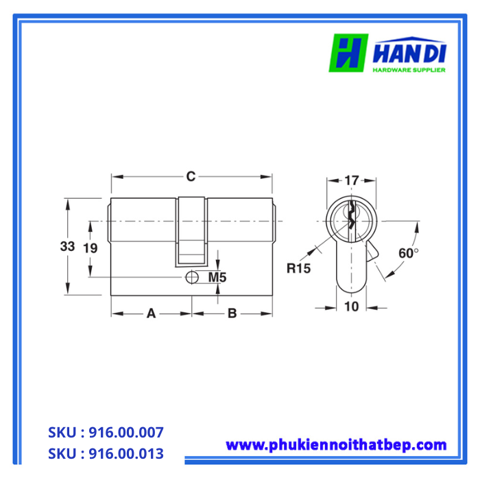 Thiết kế ruột khóa hai đầu chìa europe hafele 916.00.007
