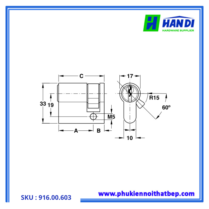 thiết kế ruột khóa một đầu chìa europe hafele 916.00.603