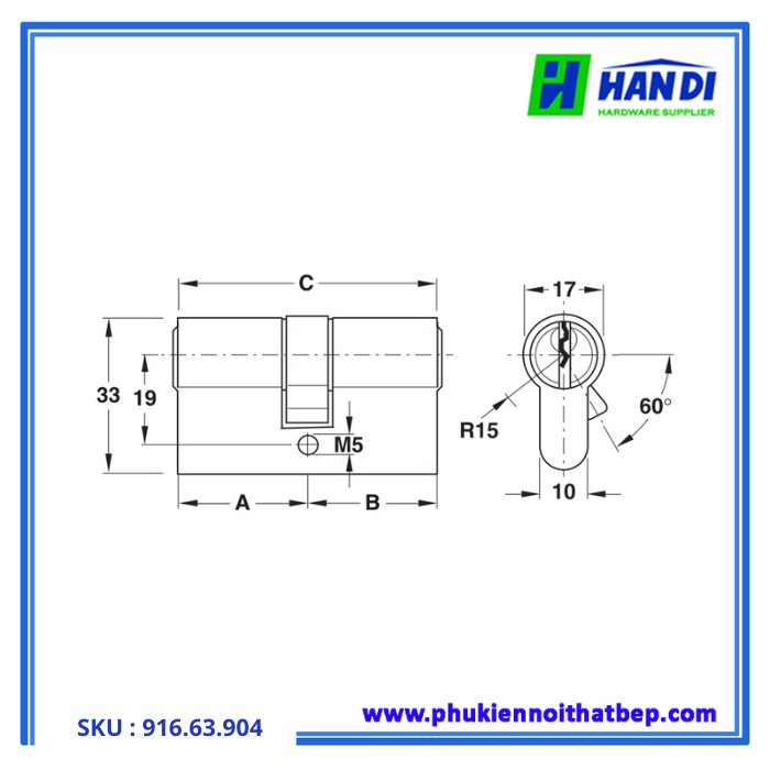 Thiết kế ruột khóa hai đầu chìa hafele 916.63.904