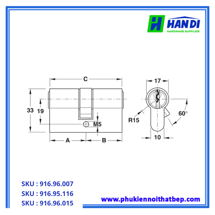 thiết kế ruột khóa hai đầu chìa hafele 916.96.007