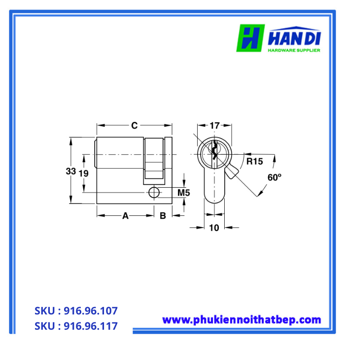 Thiết kế ruột khóa một đầu chìa hafele 916.96.107