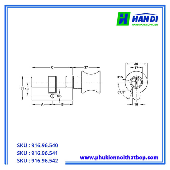 Thiết kế ruột khóa một đầu chìa, một đầu vặn hafele 916.96.541
