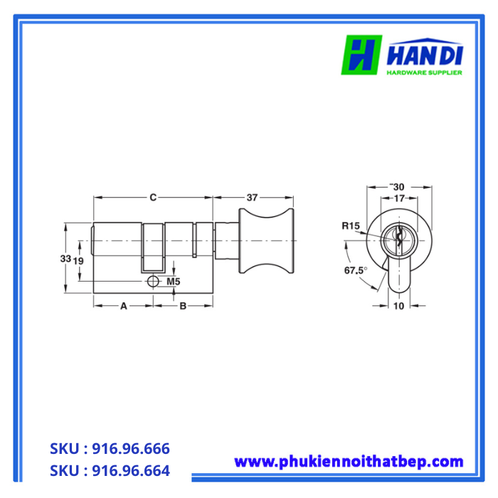 thiết kế ruột khóa một đầu chìa, một đầu vặn hafele 916.96.666