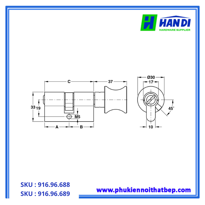 Thiết kế  ruột khóa cho cửa phòng vệ sinh hafele 916.96.688
