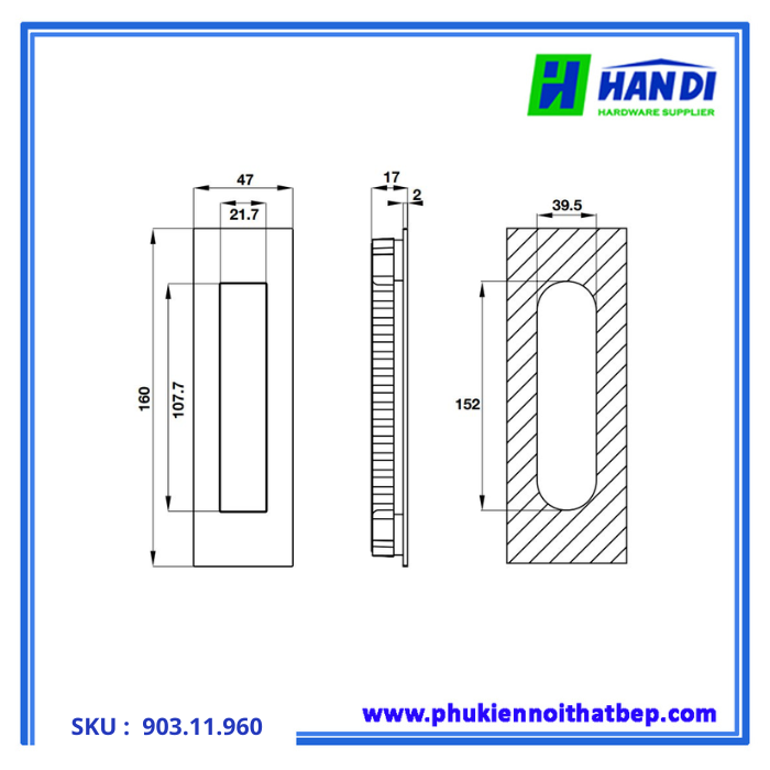 Thiết kế tay nắm âm cho cửa kéo hafele 903.11.960 