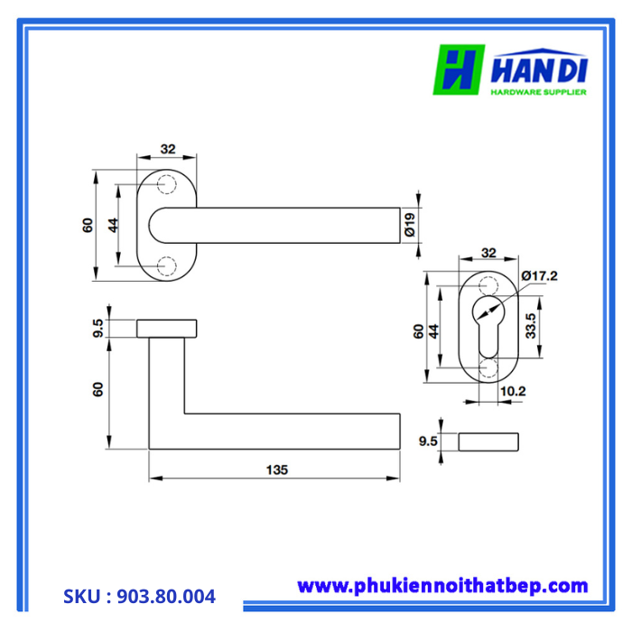 Thiết kế tay nắm gạt cho cửa phòng hafele 903.80.004