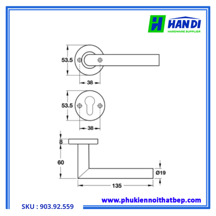 Thiết kế tay nắm gạt cho cửa phòng hafele 903.92.559
