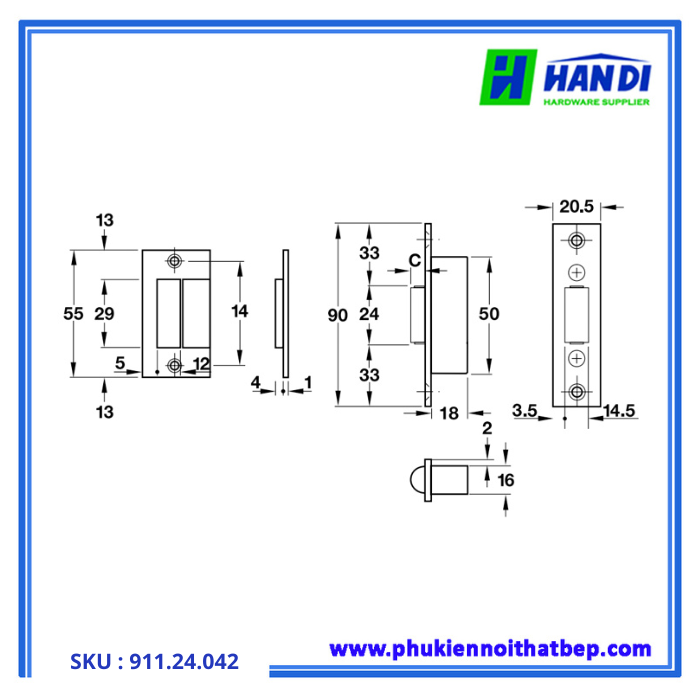 thiết kế chốt bật con lăn cho cửa phòng hafele 911.24.042
