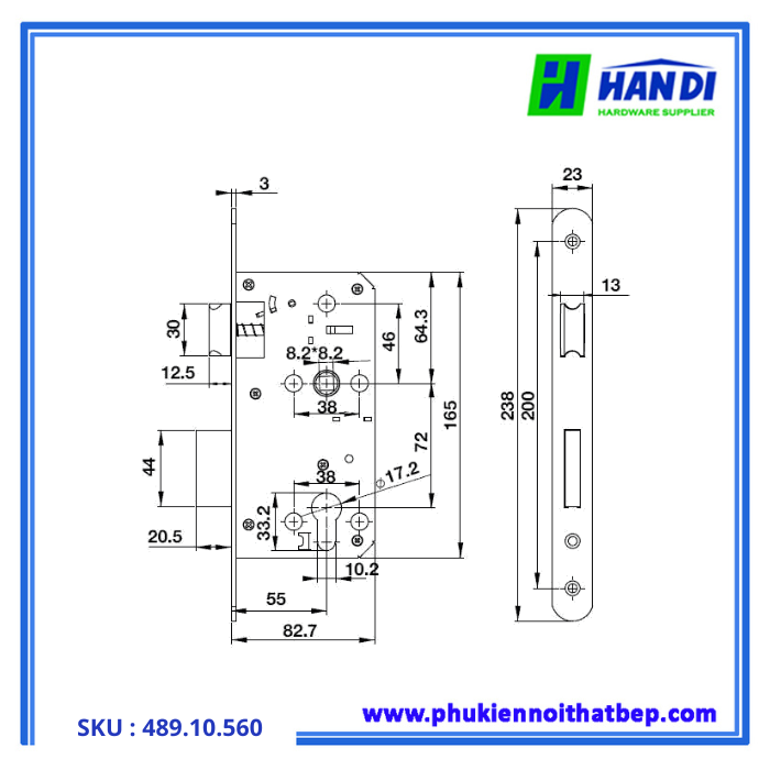 Thiết kế thân khóa cho cửa phòng hafele 489.10.560