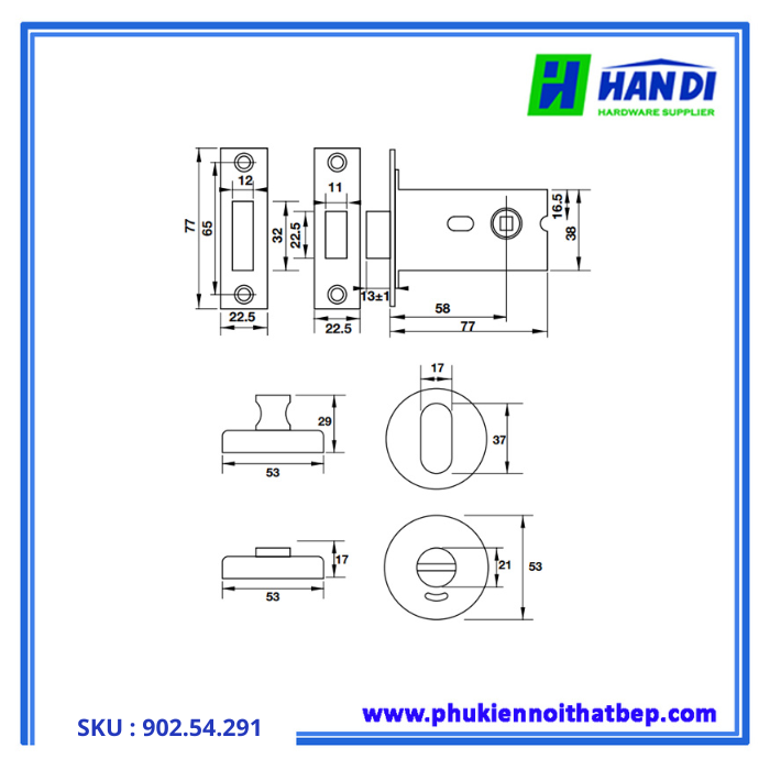 Thiết kế thân khóa và chốt vệ sinh hafele 902.54.291