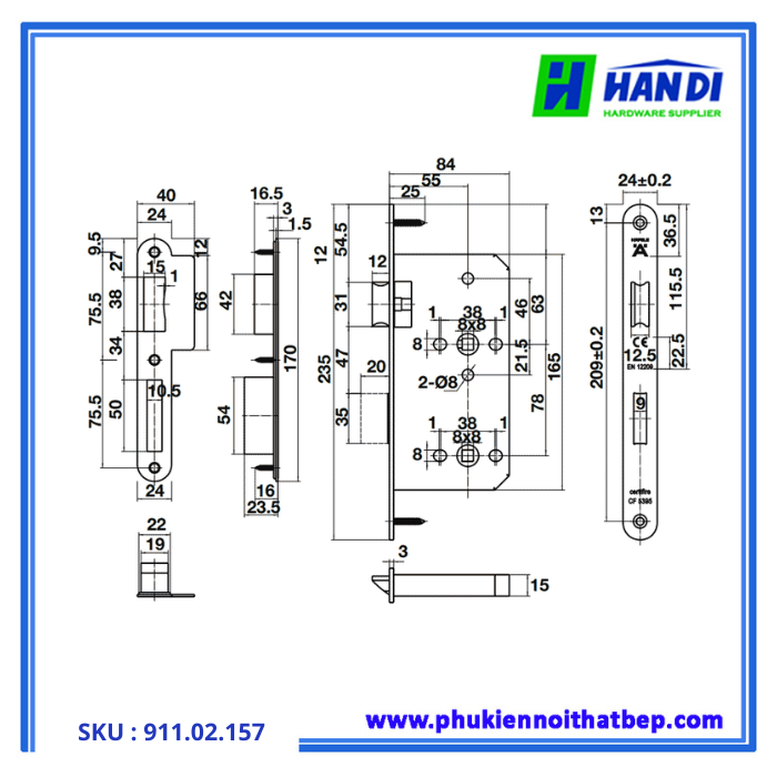 Thiết kế thân khóa cho phòng tắm hafele 911.02.157