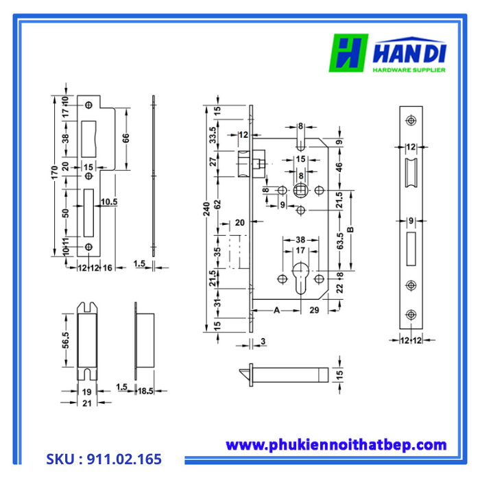 Thiết kế thân khóa lưỡi gà hafele 911.02.165