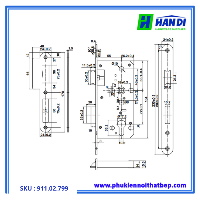 Thiết kế thân khóa lưỡi gà hafele 911.02.799