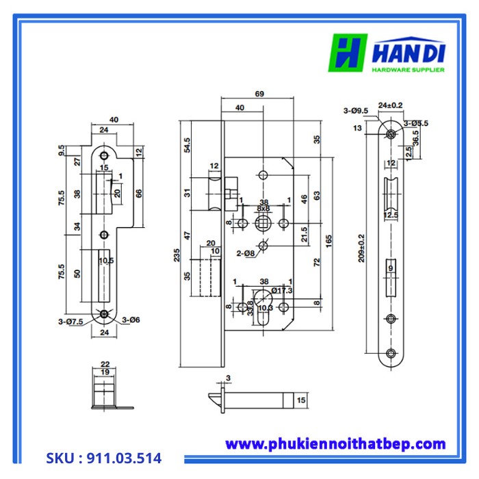 Thiết kế thân khóa lưỡi gà hafele 911.03.514
