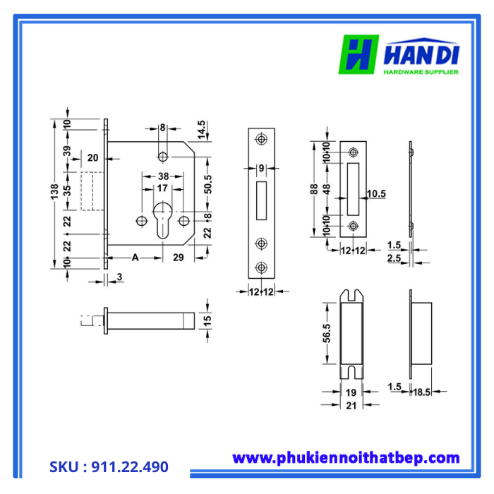 Thiết kế thân khóa chốt chết hafele 911.22.490