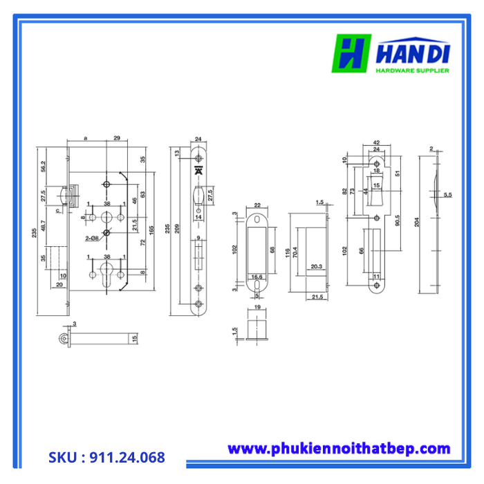 Thiết kế thân khóa con lăn hafele 911.24.068