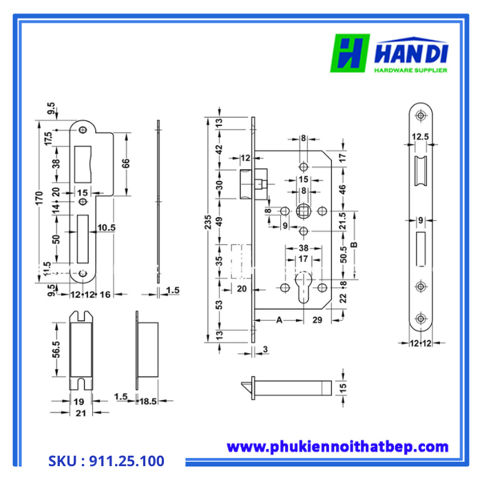 Thiết kế thân khóa lưỡi gà hafele 911.25.100