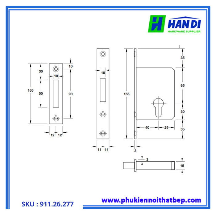 Thiết kế thân khóa cho cửa trượt hafele 911.26.277