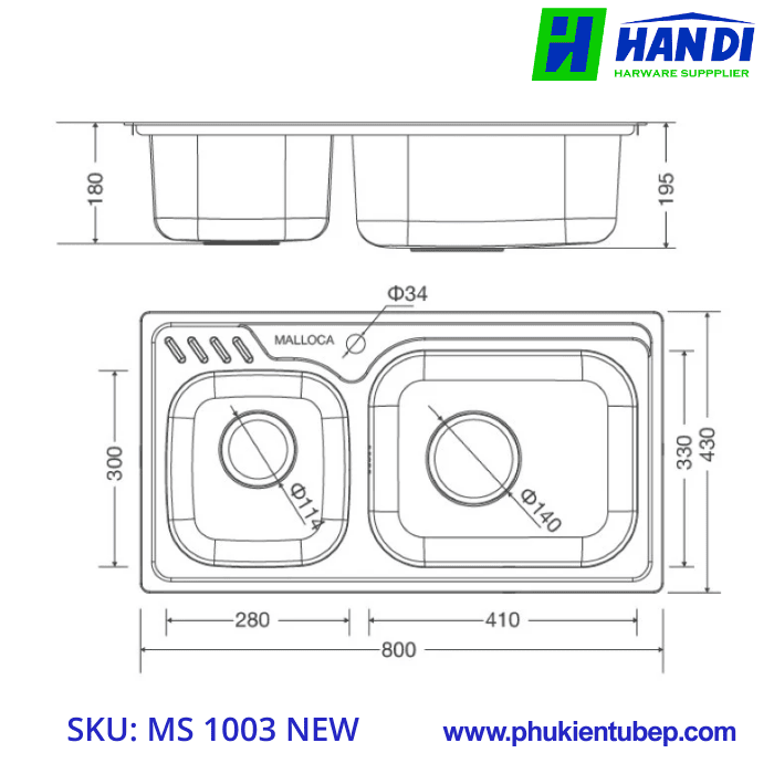 Chậu rửa chén 2 hố inox 304 MALLOCA MS 1003 NEW