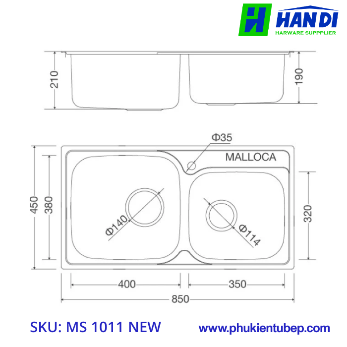 Chậu rửa chén 2 hố inox 304 MALLOCA MS 1011 NEW