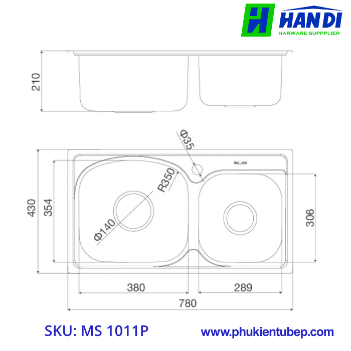 Chậu rửa chén 2 hố inox 304 MALLOCA MS 1011P