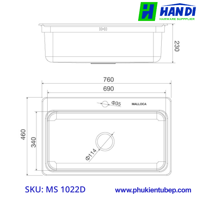 Chậu rửa chén 1 hố inox 304 MALLOCA MS 1022D