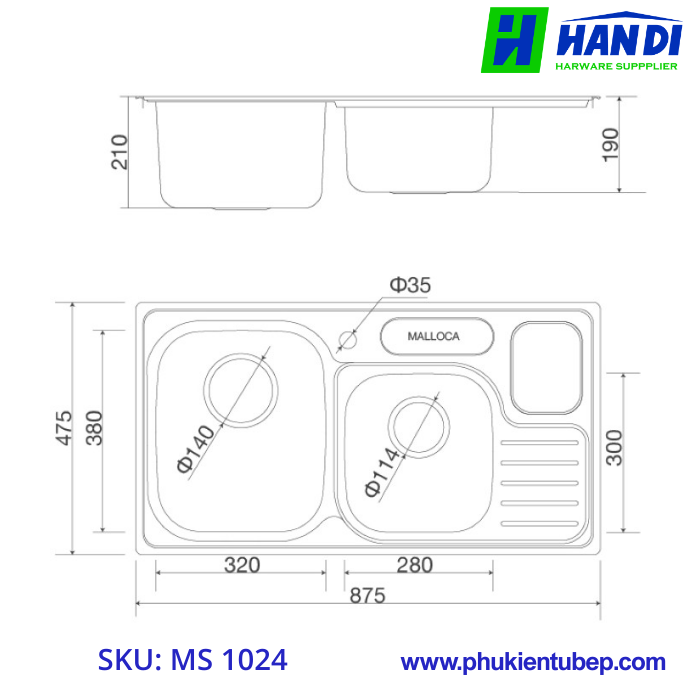 Chậu rửa chén 2 hố inox 304 MALLOCA MS 1024