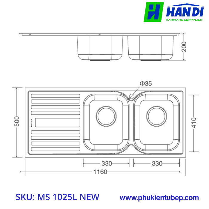 Chậu rửa chén 2 hố inox 304 MALLOCA MS 1025L NEW