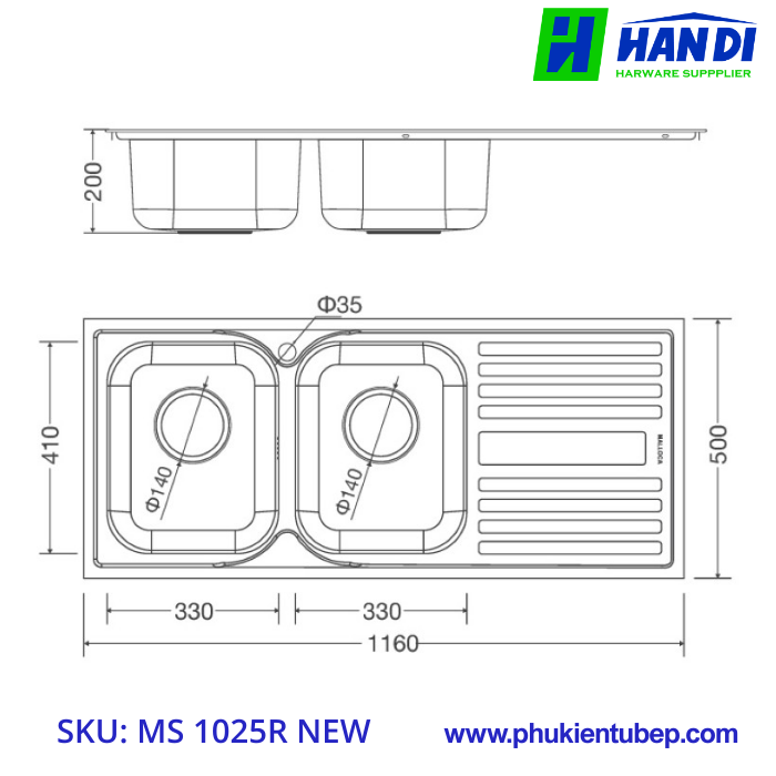 Chậu rửa chén 2 hố inox 304 MALLOCA MS 1025R NEW