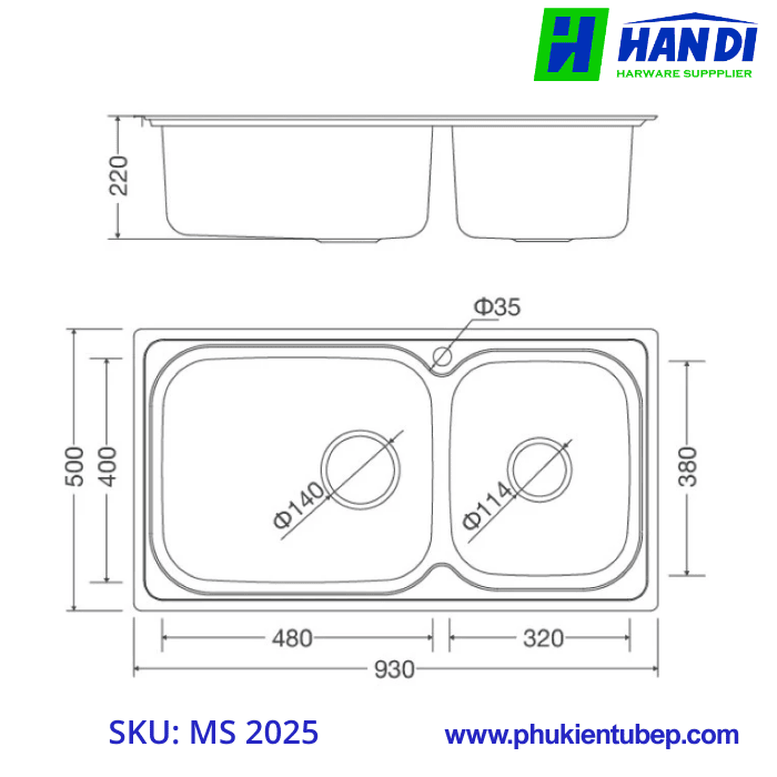 Chậu rửa chén 2 hố inox 304 MALLOCA MS 2025
