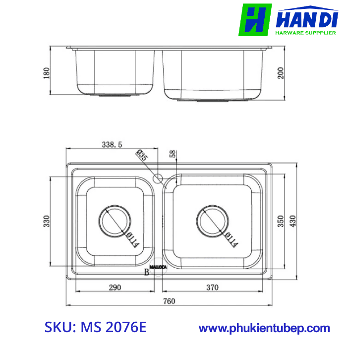 Chậu rửa chén 2 hố inox 304 MALLOCA MS 2076E