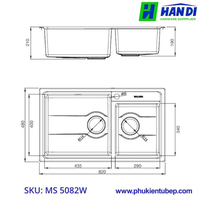 Chậu rửa chén 2 hố inox 304 MALLOCA MS 5082W