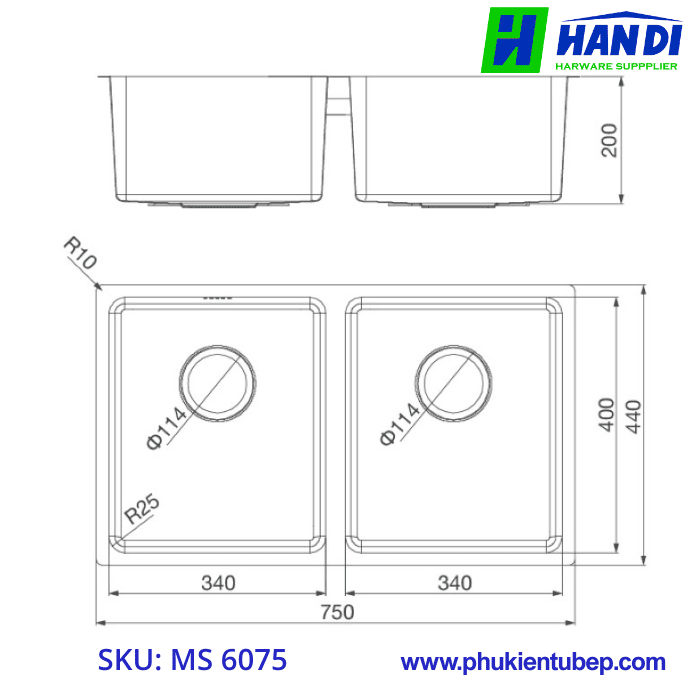 Chậu rửa chén 2 hố inox 304 MALLOCA MS 6075