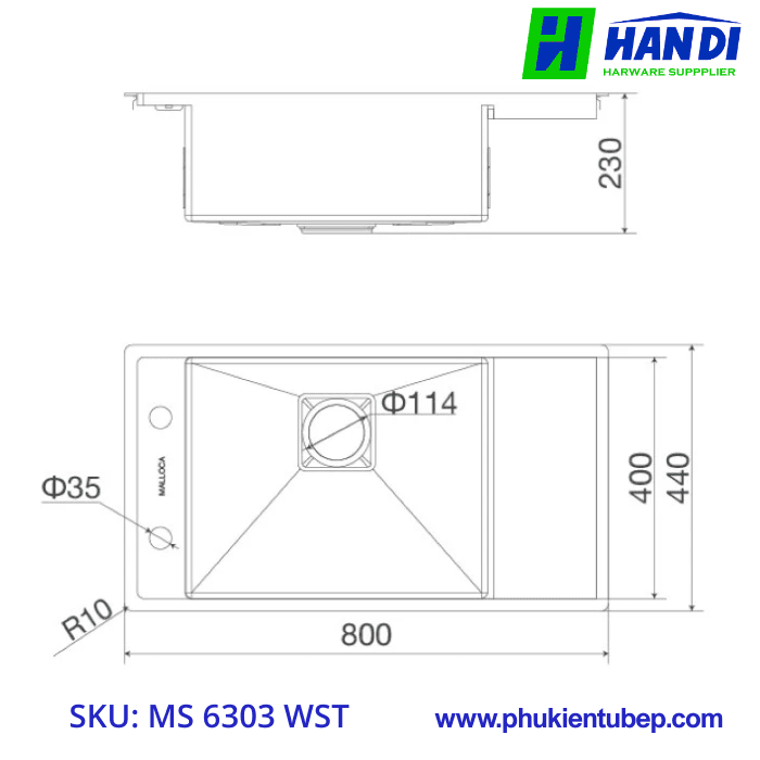 Chậu rửa chén 1 hố inox 304 MALLOCA MS 6303 WST