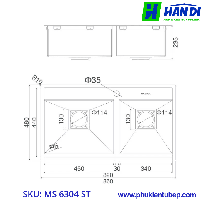 Chậu rửa chén 2 hố inox 304 MALLOCA MS 6304 ST