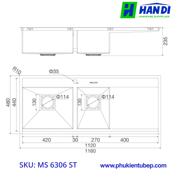 Chậu rửa chén 2 hố inox 304 MALLOCA MS 6306 ST