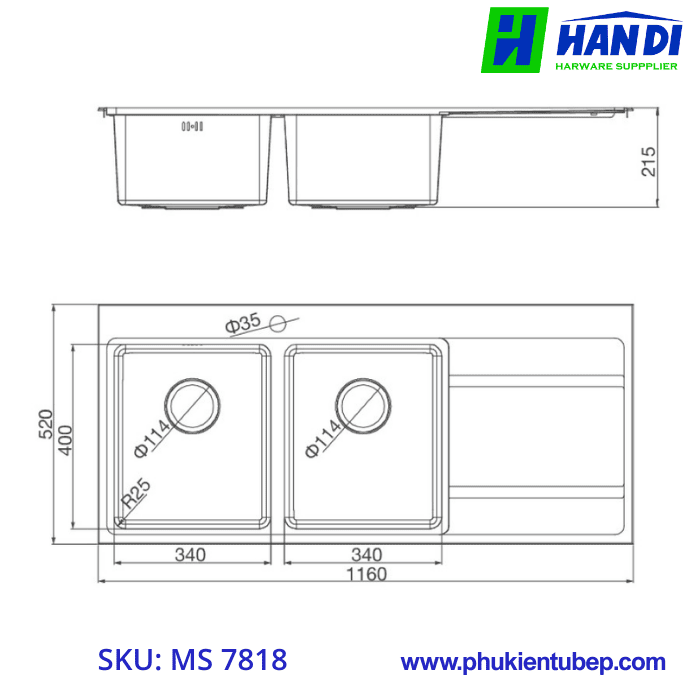 Chậu rửa chén 2 hố inox 304 MALLOCA MS 7818