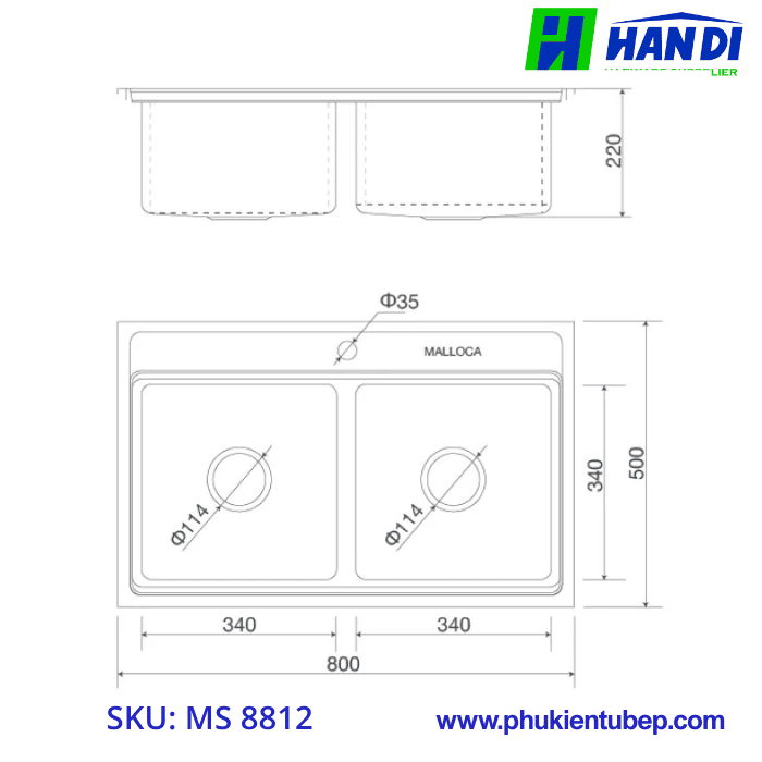 Chậu rửa chén 2 hố inox 304 MALLOCA MS 8812