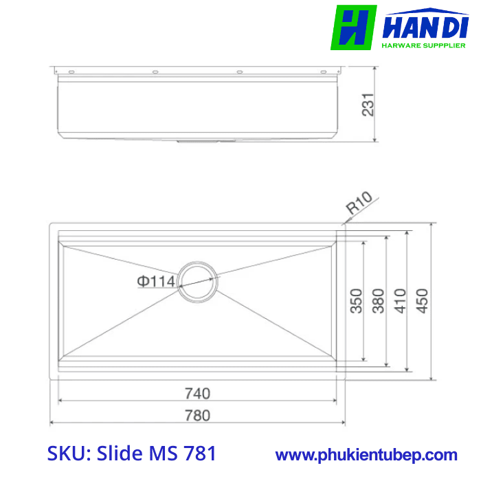 Chậu rửa chén 1 hố inox 304 MALLOCA Slide MS 781