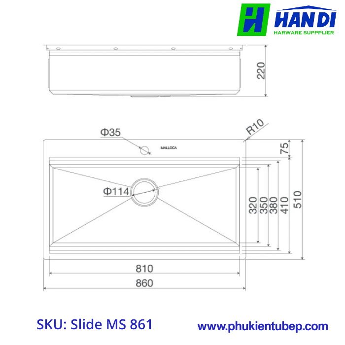 Chậu rửa chén 1 hố inox 304 MALLOCA Slide MS 861